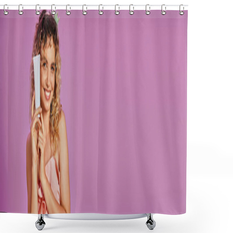 Personality  Joyous Pretty Woman In Pink Tooth Fairy Costume And Headband Holding Tooth Paste, Banner Shower Curtains