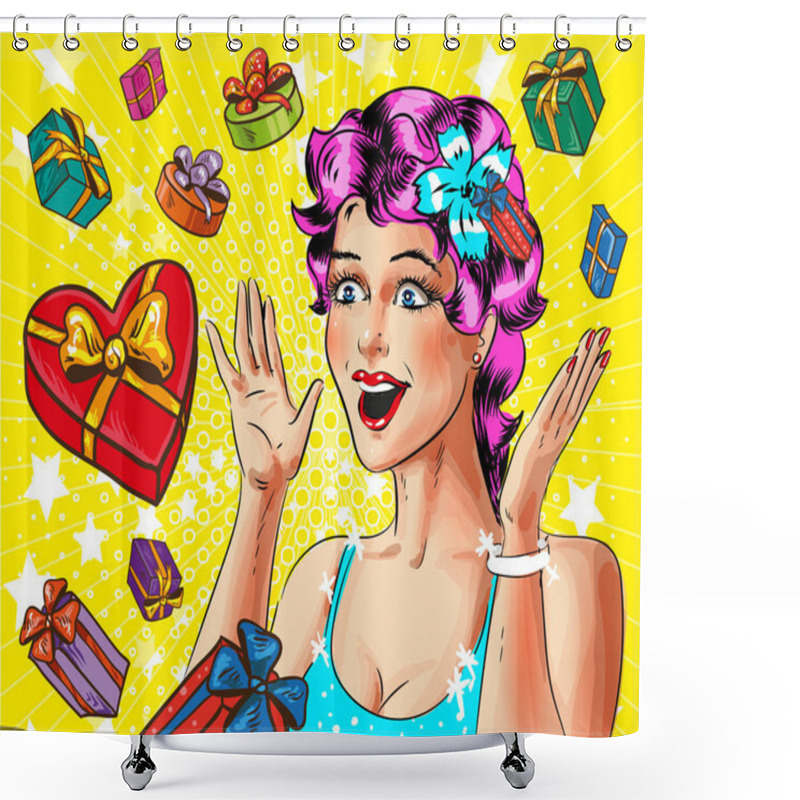 Personality  Vector Pop Art Happy Young Woman With Gift Boxes Shower Curtains