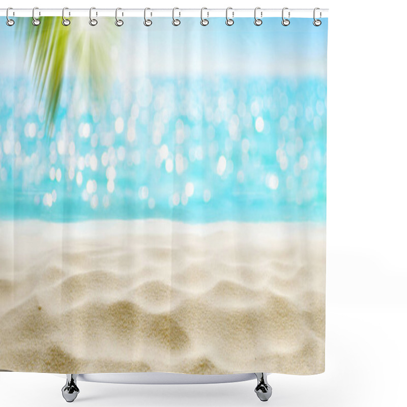 Personality  Tranquil Beach With Golden Sand, Clear Turquoise Water, And Sunlit Palm Leaves In A Tropical Paradise. Shower Curtains