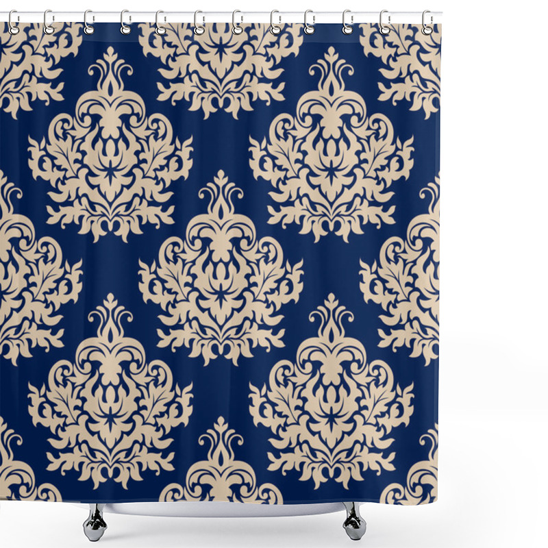 Personality  Blue Damask Seamless Pattern With Beige Flourishes Shower Curtains