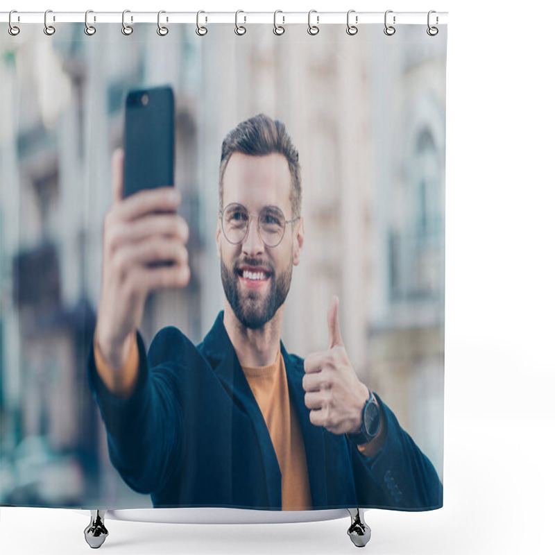 Personality  Yes, Done! Portrait Of Cheerful Positive Adviser Shooting Selfie On Front Camera Gesturing Thumbup With Finger Holding Smart Phone In Hand Isolated On Blurred Background. Recommend Advice Concept Shower Curtains