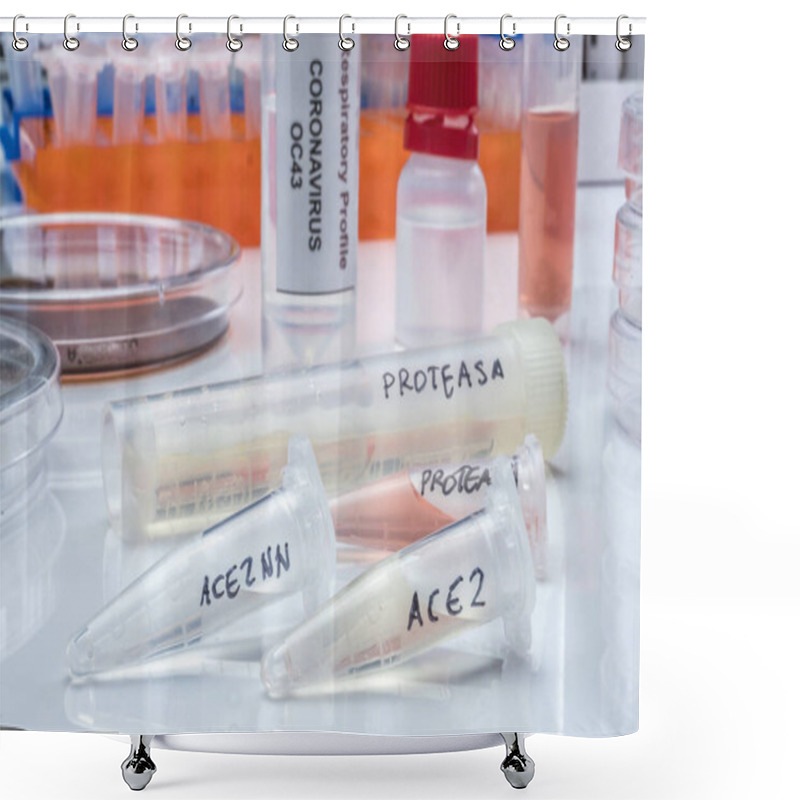 Personality  Several Vials With Soluble Protease Proteins For Activation Of The Coronavirus Severe Acute Respiratory Syndrome (SARS) Trypsin-like Protein In Human Respiratory Tract In A Hospital, Spain Shower Curtains