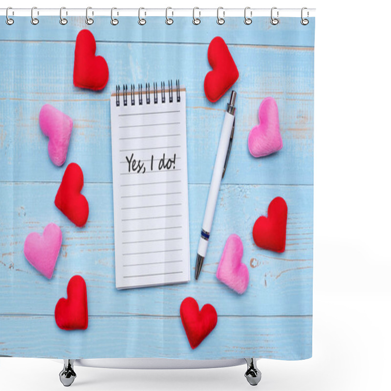 Personality  I LOVE YOU Word On Note Book And Pen With Red And Pink Heart Shape Decoration On Blue Wooden Table Background. Love Wedding Romantic And Happy Valentine S Day Holiday Concept Shower Curtains