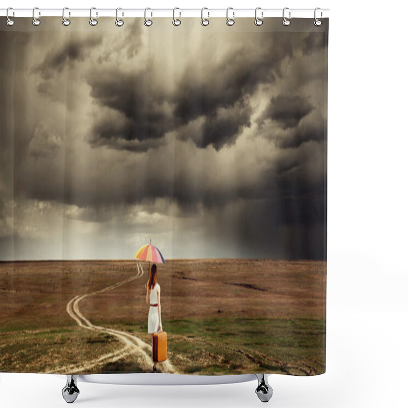 Personality  Girl With Umbrella And Suitcase Walking By The Road At Countrysi Shower Curtains