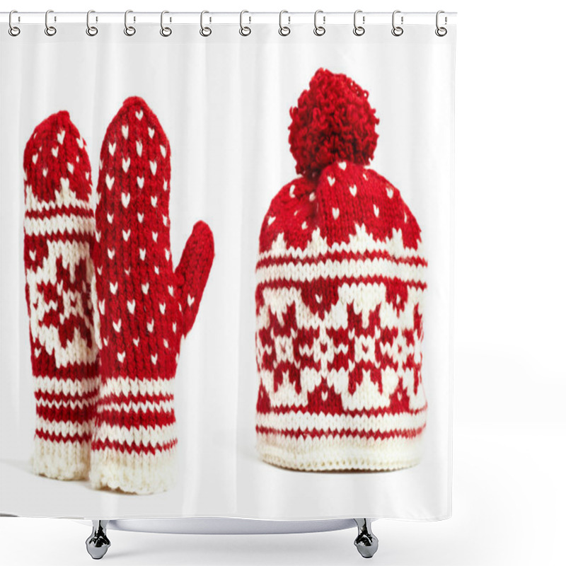 Personality  Winter Cap And Mittens Hand Knitted With Jacquard Motifs, Isolated Shower Curtains