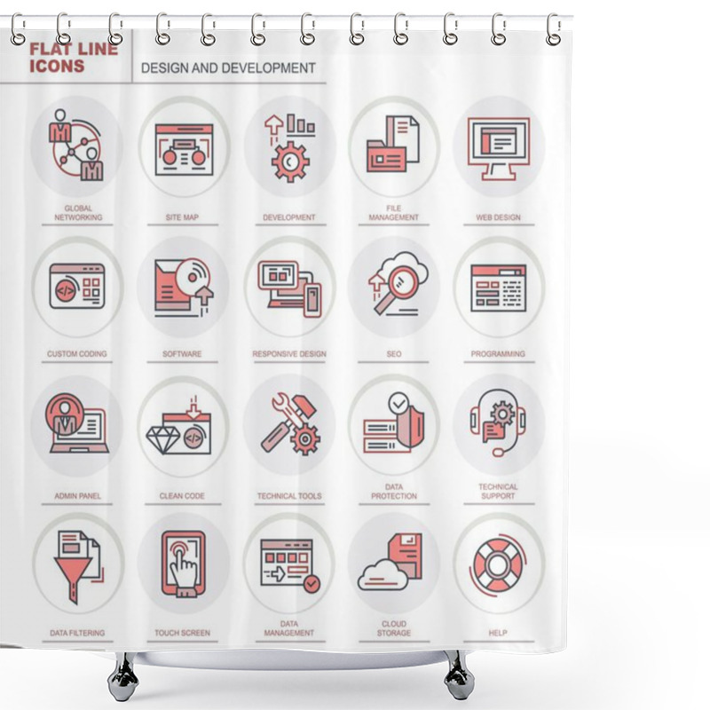 Personality  Design And Development. Set Of Flat Vector Icons. The Set Contains Icons Such As Web Design, Site Map And Others. Shower Curtains