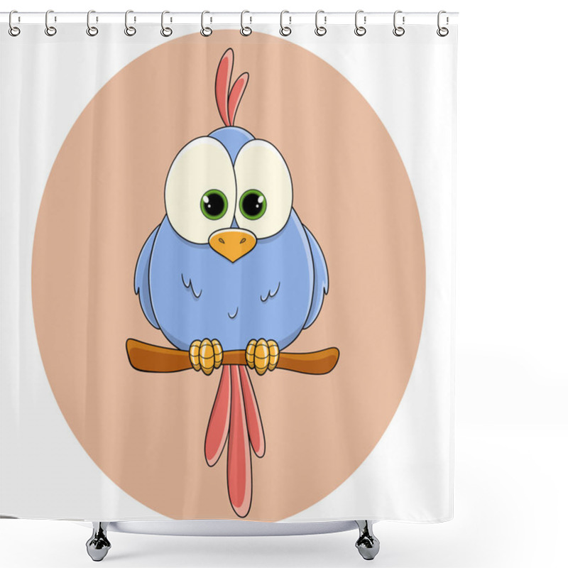 Personality  A Cute Painted Blue Parrot With Bright Red Feathers And A Tuft Sits On A Perch. A Tropical Bird. A Feathered Chick. Macaw Parrot. A Pet. A Wild Bird. Funny Children's Character. Vector. Shower Curtains