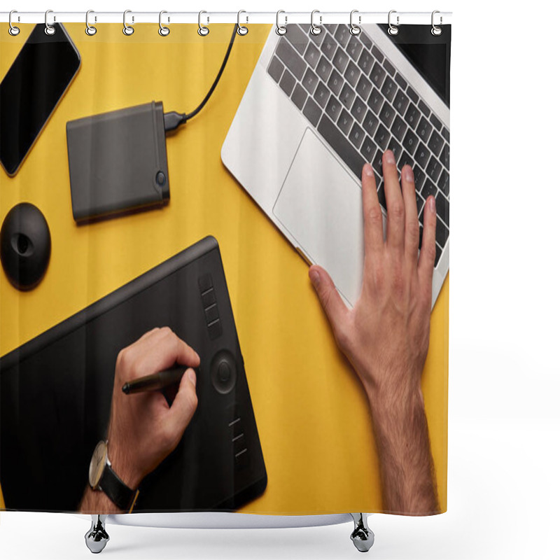 Personality  Cropped Shot Of Graphics Designer Working With Laptop And Graphics Tablet On Yellow Surface Shower Curtains