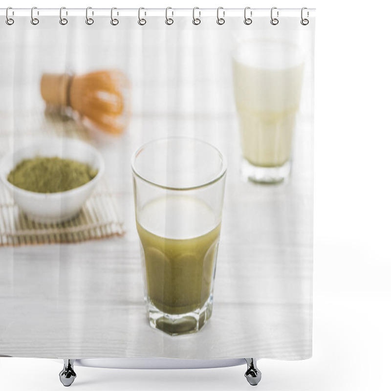 Personality  Selective Focus Of Traditional Green Matcha Tea On White Table  Shower Curtains