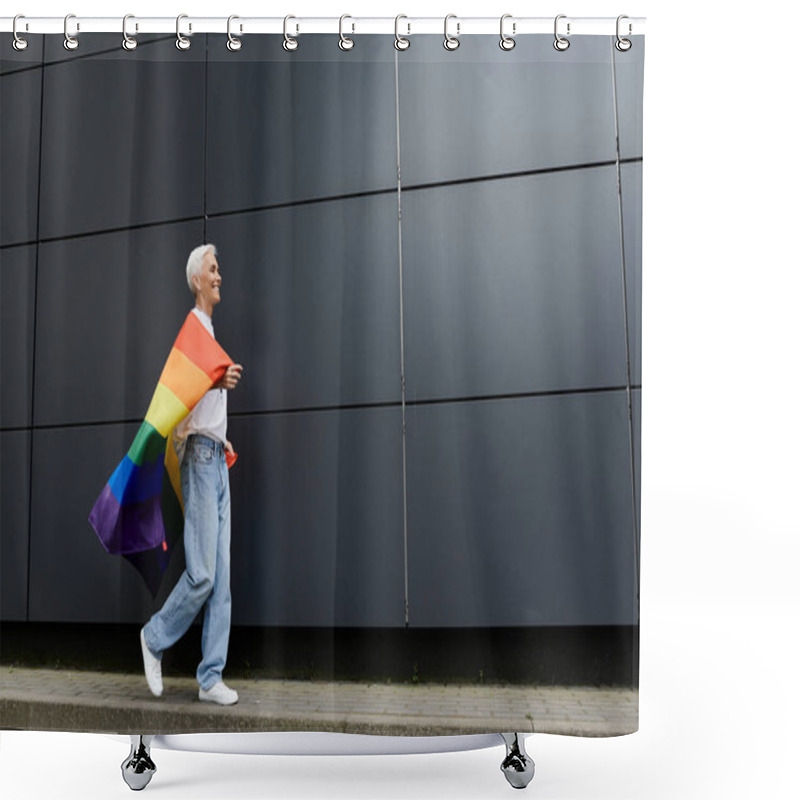 Personality  Stylish Woman With Short Hair Proudly Waves Rainbow Flag While Walking. Shower Curtains