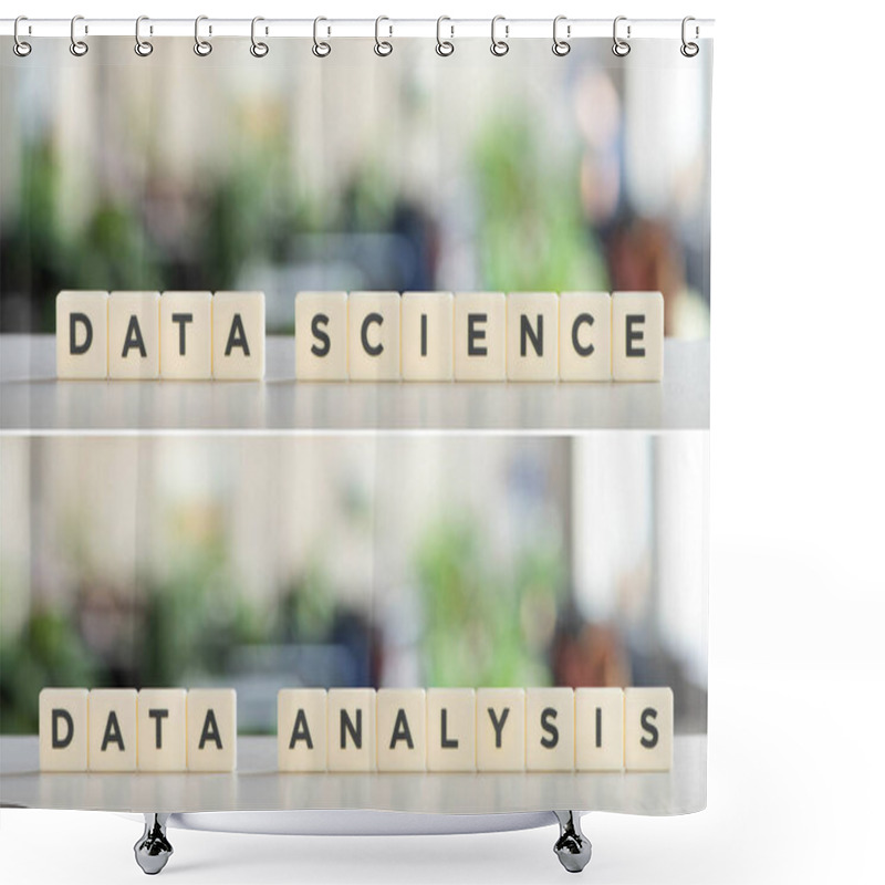 Personality  Collage Of White Cubes With Data Science And Data Analysis Inscription On White Surface Shower Curtains