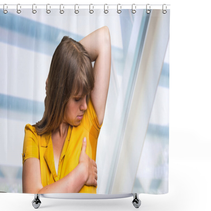 Personality  Woman With Sweating Under Armpit In Yellow Dress Shower Curtains