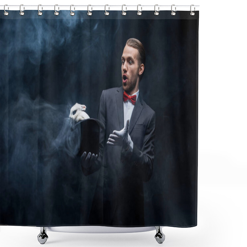 Personality  Surprised Magician In Suit Showing Trick With White Rabbit In Hat, Dark Room With Smoke Shower Curtains