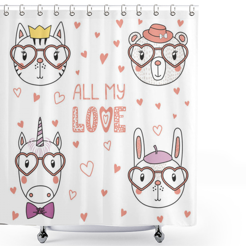 Personality  Cute Animals In Heart Shaped Glasses Shower Curtains