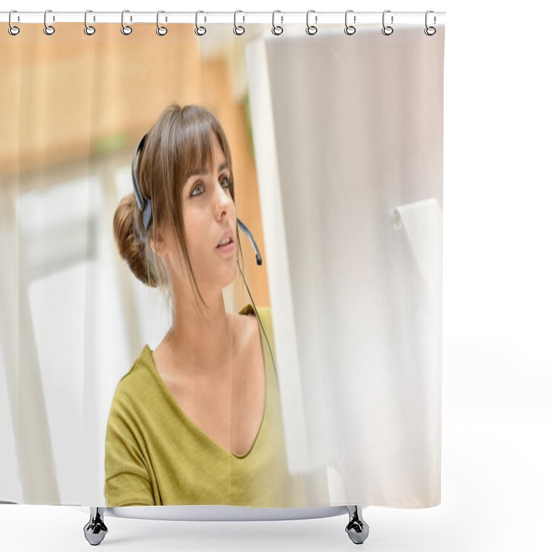 Personality  Sales Representative With Headset Working  Shower Curtains