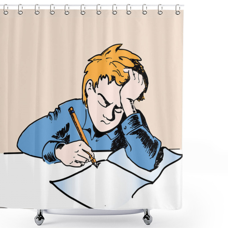 Personality  Sad Schoolboy Doing Homework. Vector Illustration. Shower Curtains