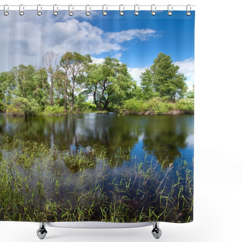 Personality  Beautiful Summer Landscape Oak Grove On The Shore Of A Calm River In A Sunny Day Shower Curtains