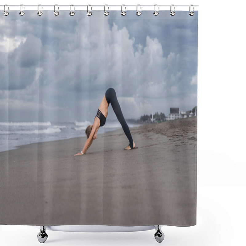 Personality  Young Woman Practicing Yoga In Downward-Facing Dog Pose (Adho Mukha Svanasana) On Seashore Shower Curtains