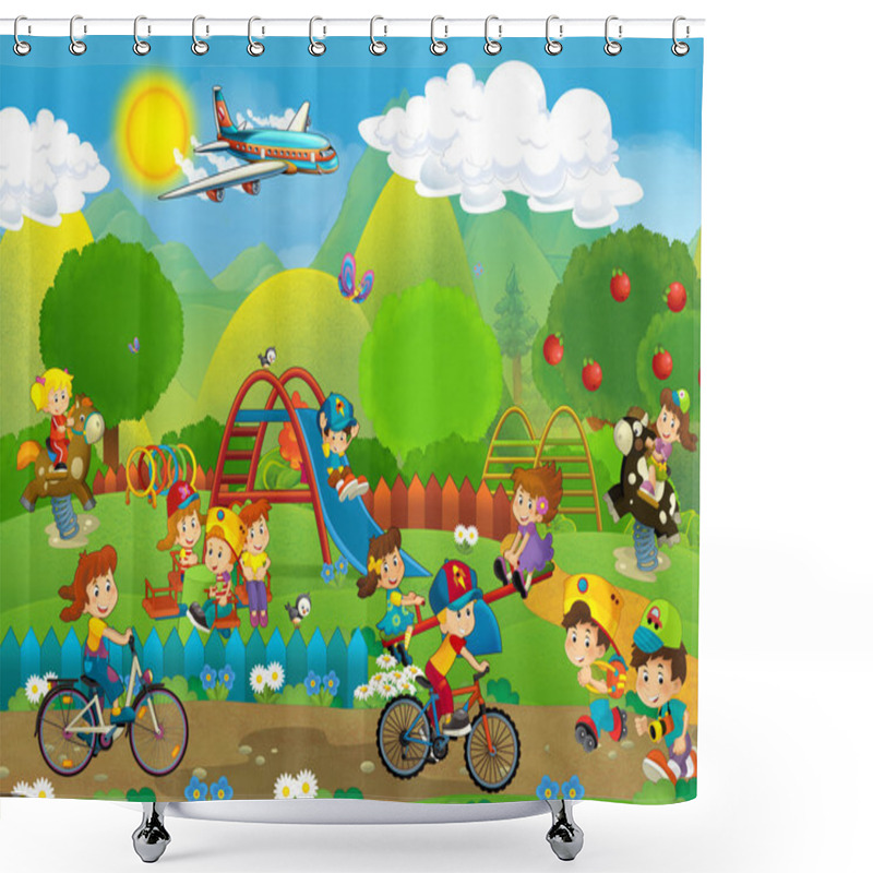 Personality  Cartoon Scene Of Kids Playing On The Playground - Having Fun Shower Curtains