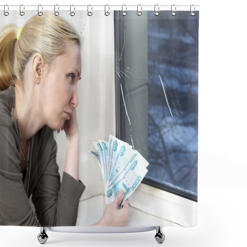 Personality  The Sad Young Woman Counts Money For Window Repair With The Burst, Broken Glass Shower Curtains