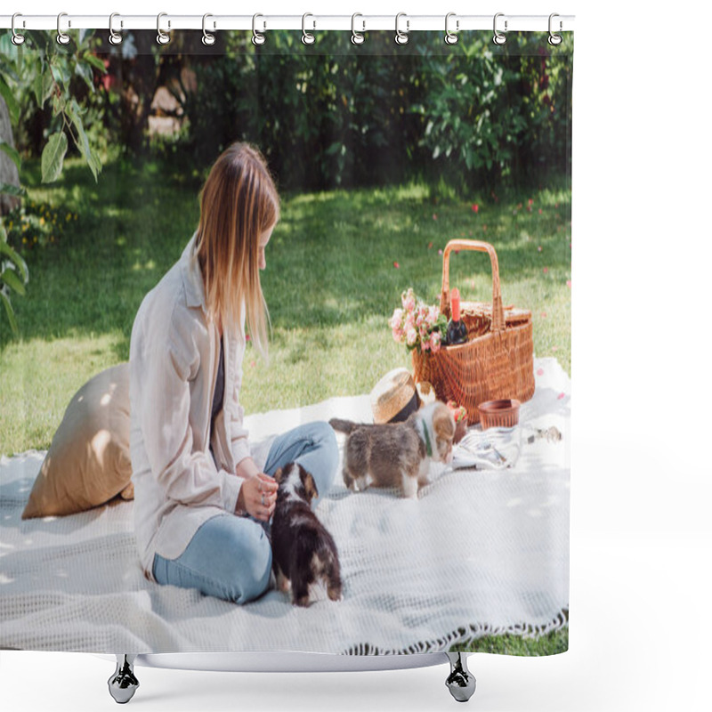 Personality  Blonde Girl Sitting On White Blanket In Garden And Having Picnic At Sunny Day With Cute Puppies Shower Curtains