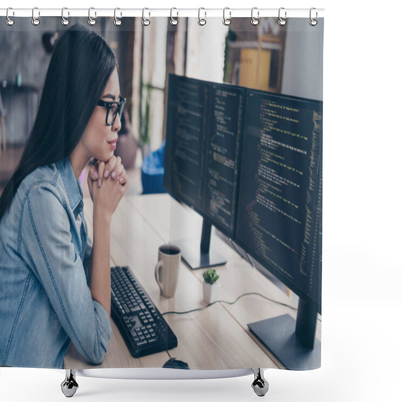 Personality  Profile Side View Portrait Of Attractive Focused Girl Geek Research Database Css Linux Intranet Network At Workplace Workstation Indoors Shower Curtains