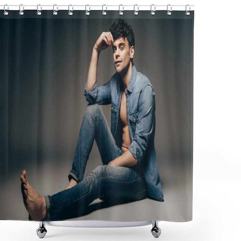 Personality  Handsome Young Sexy Man Posing In Jeans Clothes On Dark Grey Shower Curtains