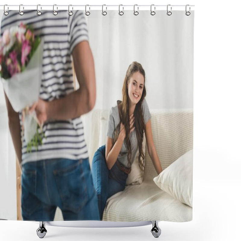 Personality  Cropped Shot Of Man Hiding Bouquet Behind Back To Present It To Girlfriend Shower Curtains