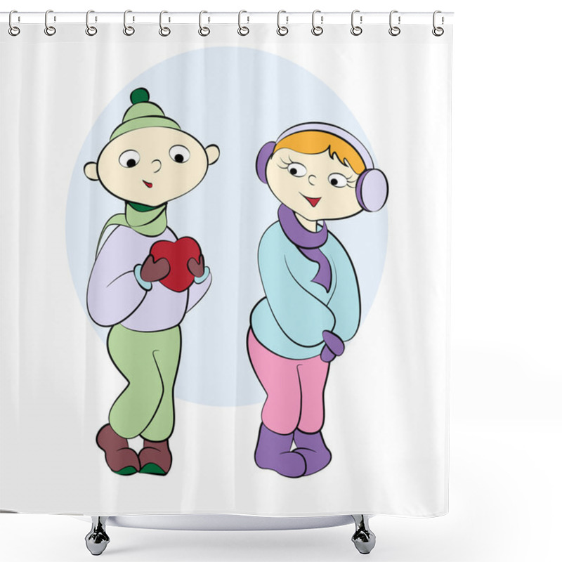 Personality  Cute Boy And Girl With Red Heart. Vector Illustration. Shower Curtains