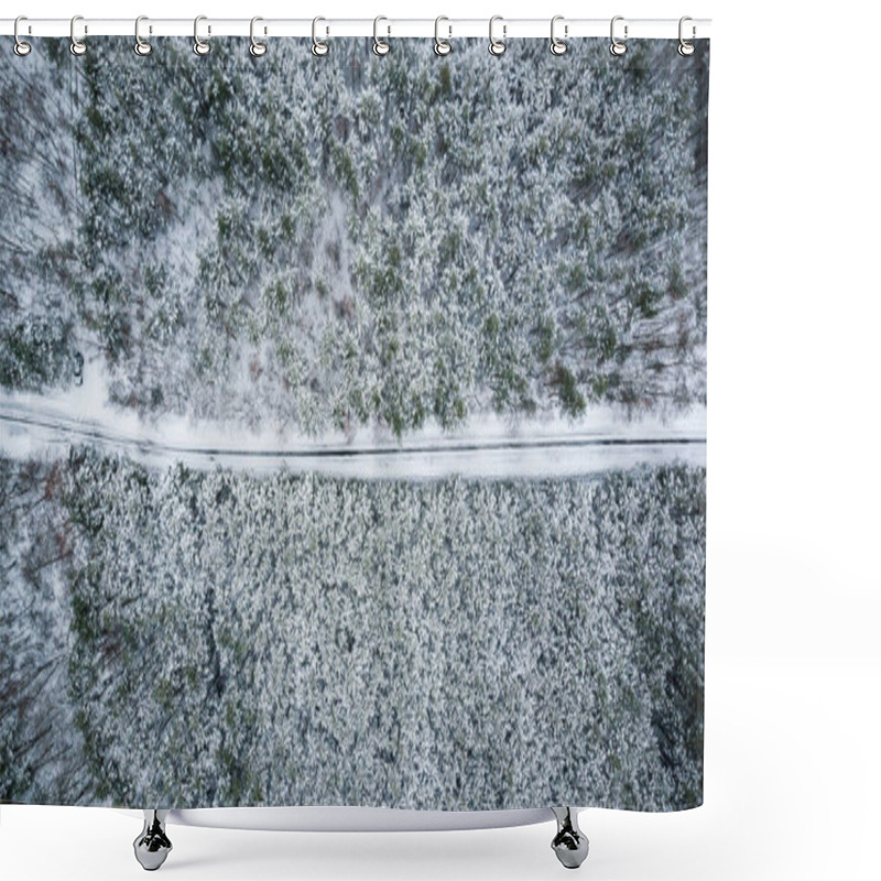 Personality  Winter Season Aerial Top Down View Of A  Straight Line Road In Forest. Shower Curtains