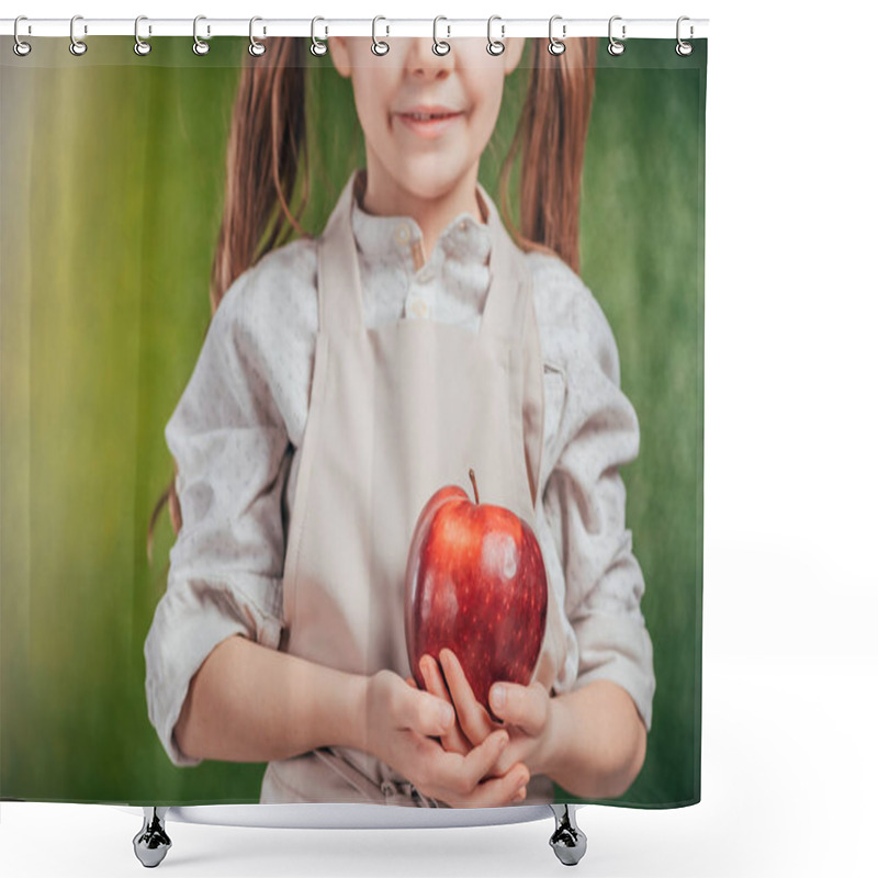 Personality  Cropped View Of Child Holding Apple On Blurred Background, Earth Day Concept Shower Curtains