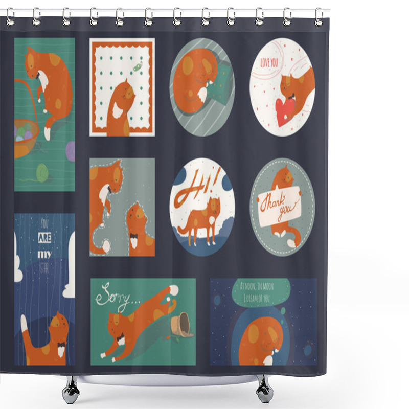 Personality  Set Of Cute And Funky Square And Round Cards, Horizontal And Vertical, With Funny Ginger Cats. Lettering Includes Words Sorry, Thank You,love You, You My Star And Dedicated To Love And Relationships Shower Curtains