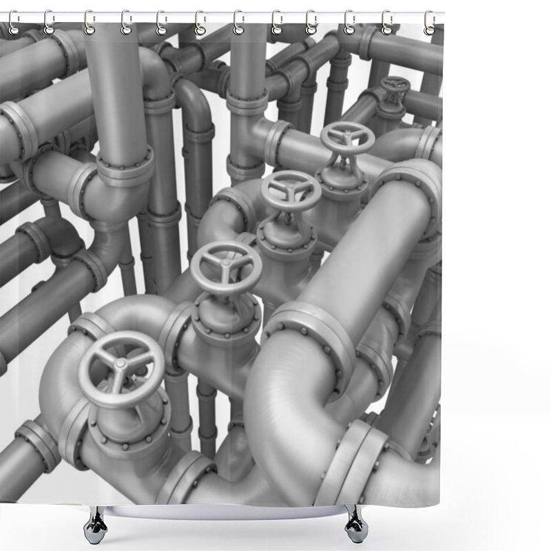 Personality  Maze Made Of Steel Pipes. Fantasy Pipeline At Chemical Factory. Shower Curtains