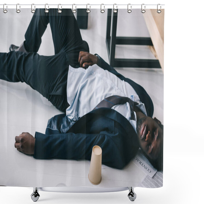 Personality  Tired African American Businessman Sleeping At Office Shower Curtains