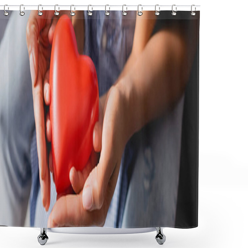 Personality  High Angle View Of Red Heart Model In Cupped Hands Of African American Mother And Daughter, Horizontal Image Shower Curtains