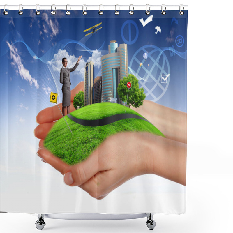 Personality  Human Hand Holding A Green Landscape Shower Curtains