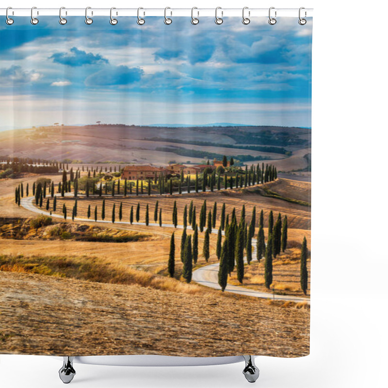 Personality  Hills, Olive Gardens And Small Vineyard Under Rays Of Morning Sun, Italy, Tuscany. Famous Tuscany Landscape With Curved Road And Cypress, Italy, Europe Shower Curtains