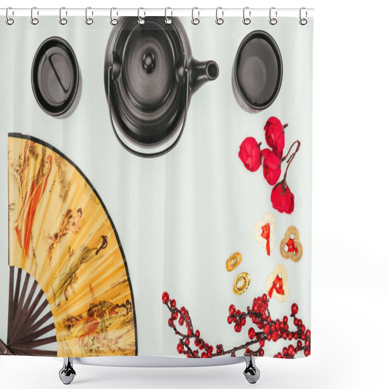 Personality  Top View Of Chinese New Year Composition With Tea And Handheld Fan Isolated On White Shower Curtains