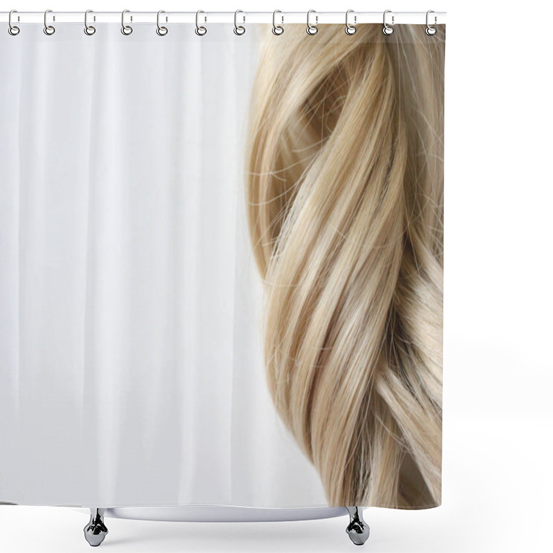 Personality  Beautiful Wavy Hair. Light Brown Hair. Hair Is Gathered In A Bun On A White Background. With Free Space For Text. For A Poster Or Business Card. Shower Curtains