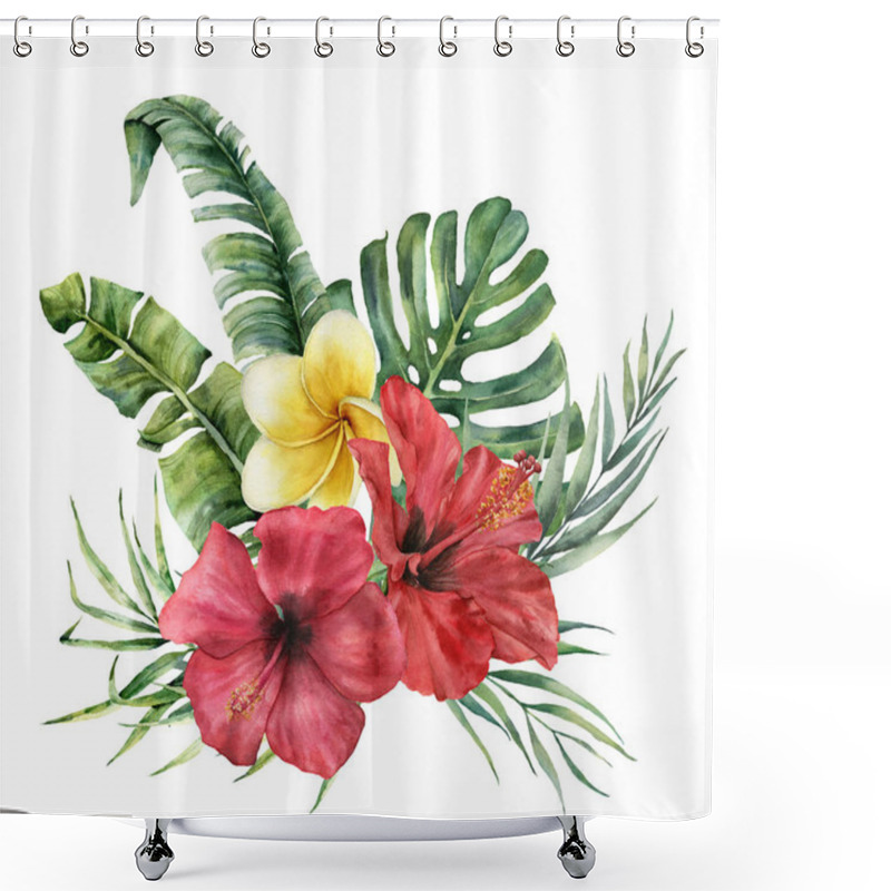 Personality  Watercolor Tropical Bouquet With Bright Flowers. Hand Painted Coconut, Banana Leaves, Monstera, Plumeria, Hibiscus Isolated On White Background. Botanical Illustration For Design, Print, Background. Shower Curtains