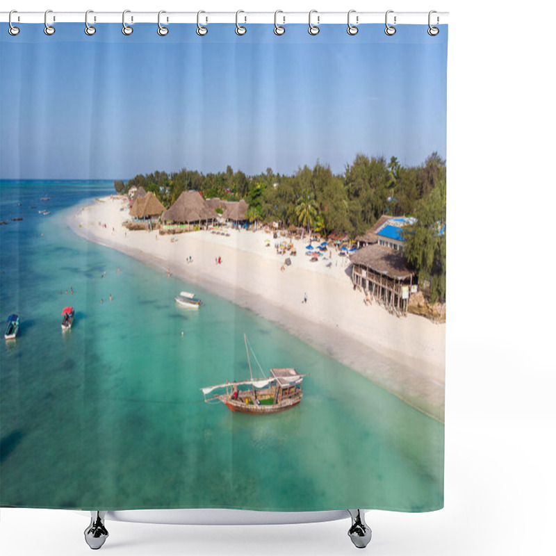 Personality  Top Aerial View On The Beautiful White Sand Ocean Coast In Nungwi At Zanzibar Island, Tanzania Shower Curtains