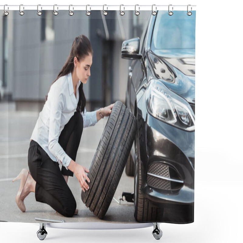 Personality  Woman Changing Car Tire Shower Curtains