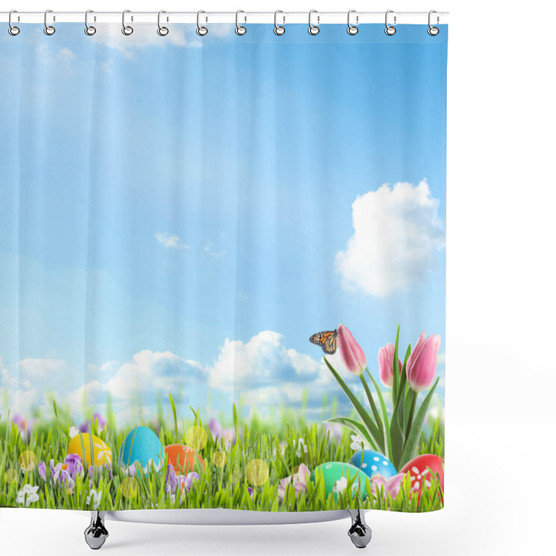 Personality  Bright Easter Eggs And Flowers In Green Grass Against Blue Background, Space For Text Shower Curtains