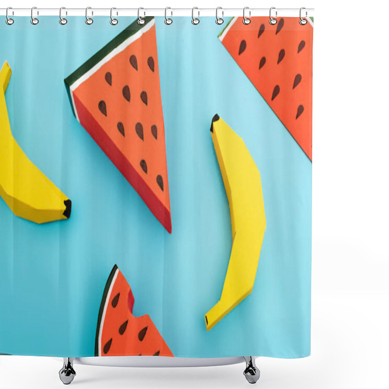 Personality  Top View Of Paper Watermelon And Bananas On Blue Background Shower Curtains