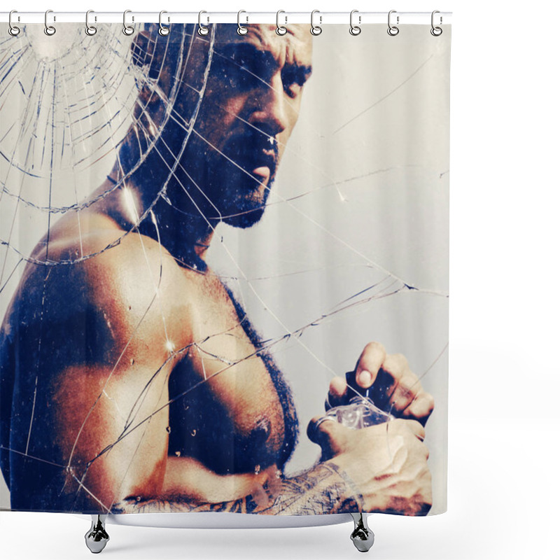 Personality  Parfume For Man. Brutal Handsome Man With Tattooed Body. Sexy Man With Muscular Body With Bare Torso. Man With Muscular Body Hold Parfume. Shower Curtains