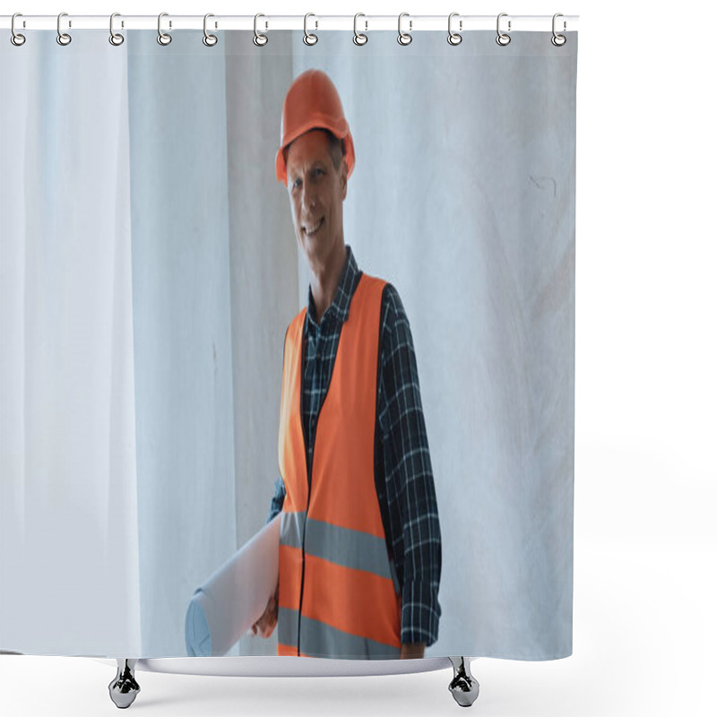 Personality  Smiling Builder Holding Blueprint And Looking At Camera On Construction Site Shower Curtains