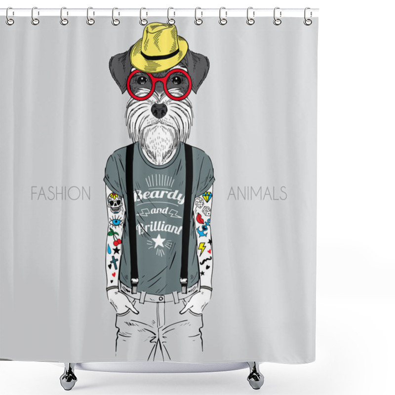 Personality  Dog Hipster With Tattoo Dressed Up Shower Curtains