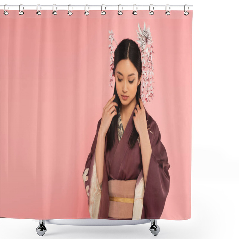 Personality  Young Asian Woman In Kimono Adjusting Brunette Hair Isolated On Pink  Shower Curtains