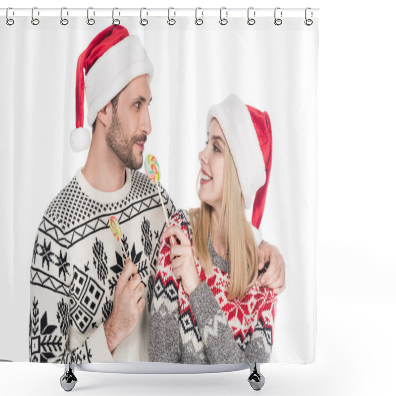 Personality  Portrait Of Caucasian Couple In Santa Claus Hats With Lollipops Isolated On White Shower Curtains