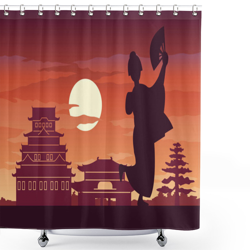 Personality  Japanese Girl In National Costume Called Kimono Stand In Front Castle,her Resident On Sunset Time,silhouette Design Shower Curtains